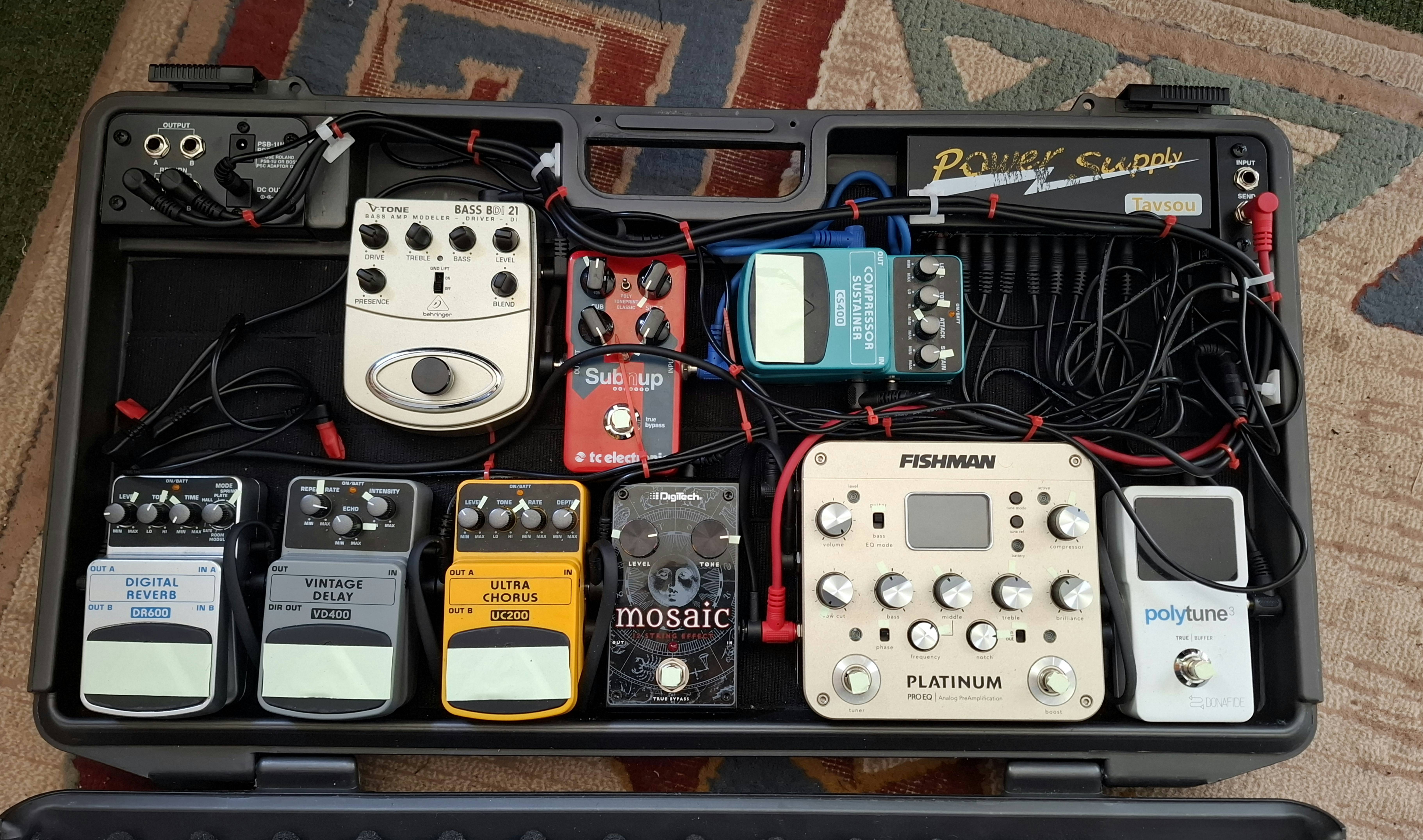 A photograph of Cerys Lewis' acoustic guitar pedalboard